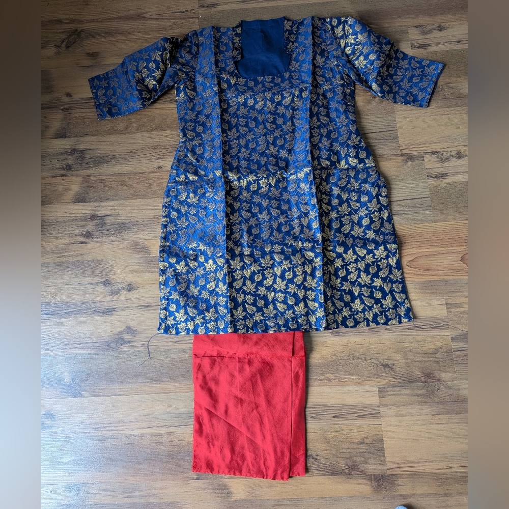 New Blue and Gold Traditional Outfit with Red Pants